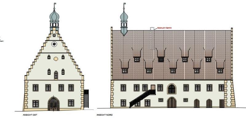 Giebelseite mit dem küntigen Haupteingang zum Rathaus hin - daneben die zum Brandschutz erforderliche Außentreppe an der Nordseite des Rathauses - Foto von ARCHITEKTURBÜRO MICHAEL DITTMANN