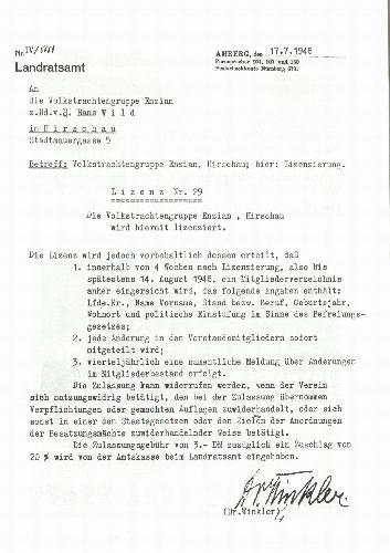 Ein historisches Datum für den Heimat- und Trachtenverein: Am 17. Juli 1948 erteilte der von den Amerikanern eingesetzte Landrat Dr. Martin Winkler der Volkstrachtengruppe Enzian Hirschau die Lizenzierung. - Foto von Werner Schulz