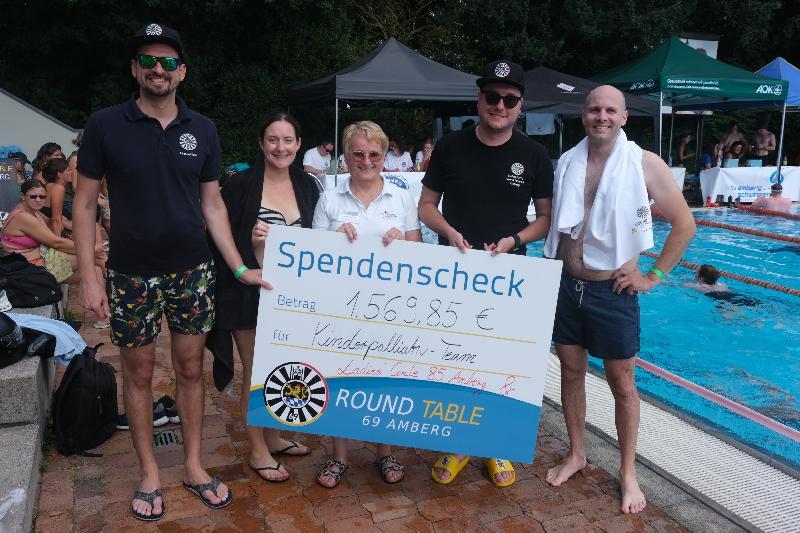 Durch aktives Mittun und mit einer Spende unterstützten Round Table und Ladies‘ Circle das 24-Stunden-Schwimmen. Für die Kinderpalliativ-Station spendeten sie insgesamt 1.569,85 Euro, auch in Anlehnung an die jeweilige Club-Nummer. Von links Michael Thiel von RT Amberg, Andrea Schuller, Präsidentin von Ladies‘ Circle, Helga Powalla vom Stadtverband für Sport, RT-Schatzmeister Stefan Fuchs und RT-Clubpräsident Dr. Andreas Heil. Bild: Uschald - Foto von Uschald