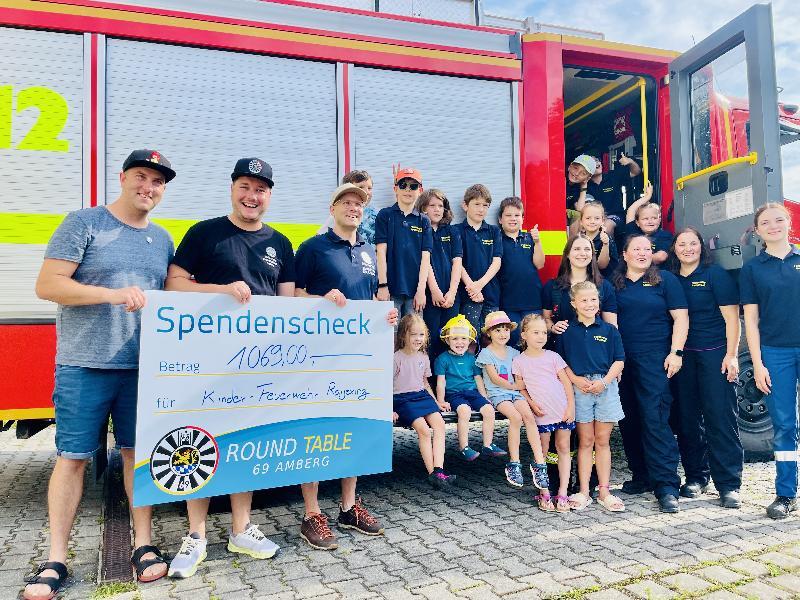 Das löste bei der Raigeringer Kinderfeuerwehr, die sich Hydrantenbande nennt, große Freude aus, als die Vertreter von Round Table 69 Amberg einen Scheck über 1069 Euro übergaben. Von links die RT-Delegation mit Tobi Höhne, Schatzmeister Stefan Fuchs und Club-Präsident Dr. Andreas Heil. - Foto von Uschald