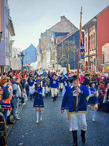 Zum 46. Mal hatte der Hirschauer Musikzug die Ehre, beim Düsseldorfer Rosenmontagszug live an zigtausenden Jecken musizierend und tanzend vorbeizuziehen und rheinischen Karneval pur zu erleben. Werner Stein - zum 45. Mal mit von der Partie - marschierte zum 14. Mal mit der Standarte vorneweg. Dahinter(Bildmitte) Dirigent Marcus Hoffmann. - Foto von Martin Gerstmann