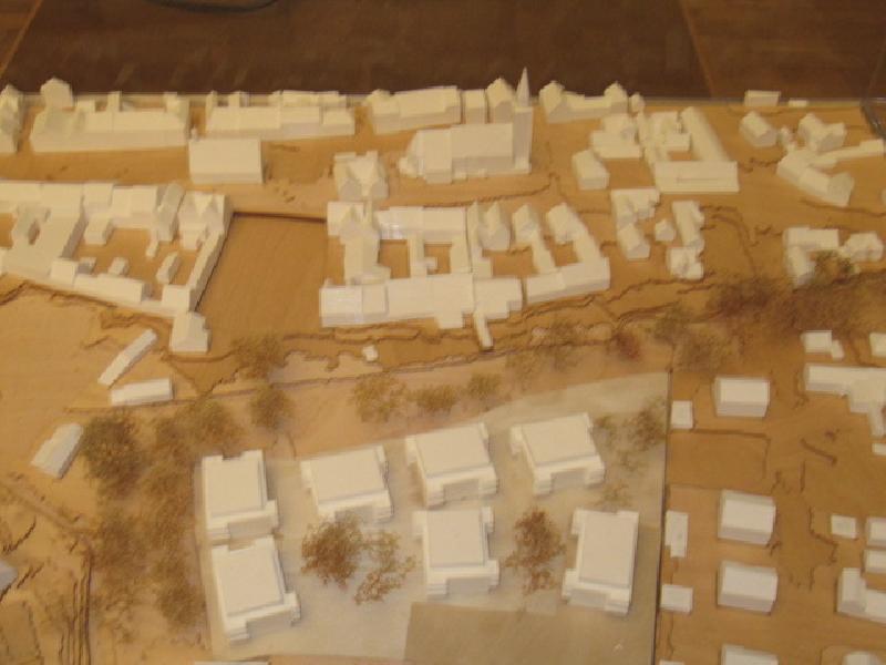 Neuer Zuschnitt des Baugebiets Walkwiese mit jetzt sieben Gebäuden (unten) Die braune Fläche darüber , die Verbindung zur Innenstadt ist noch nicht fertig überplant  - Foto von Gerhard Fleischmann